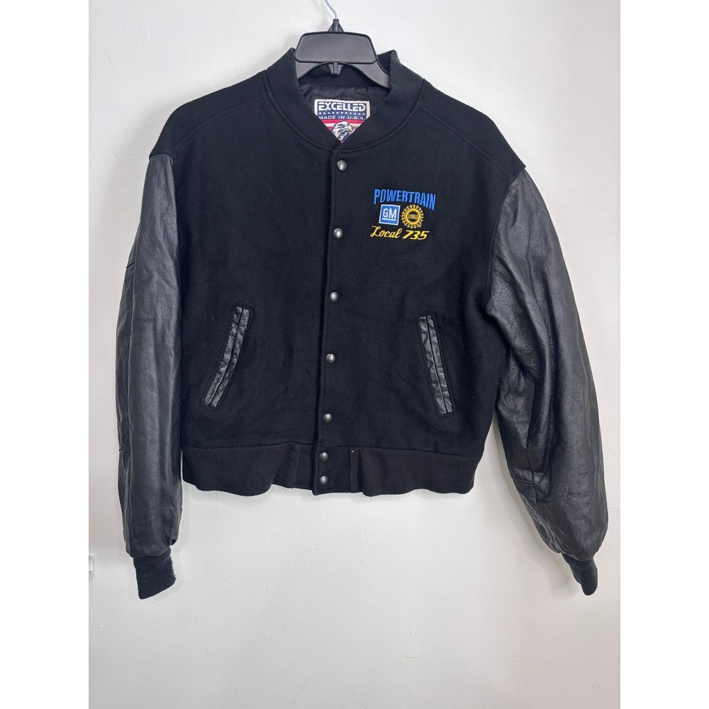 Excelled Mens Vintage GM Powertrain Local 735 Wool Leather Varsity Jacket Black